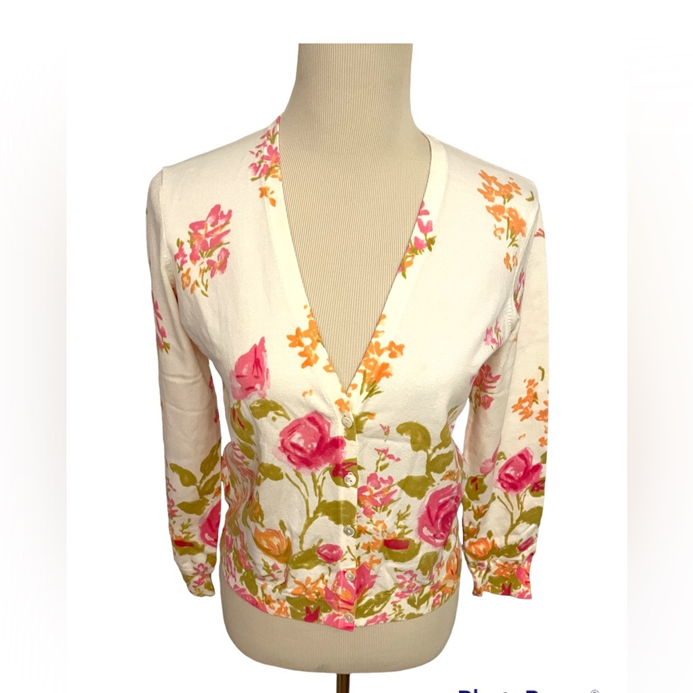 Talbots Floral V Neck Button Down Cotton Sweater Petite Small